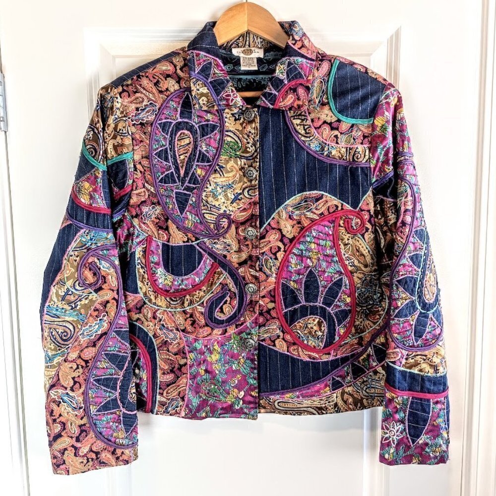 Vintage Sandy Starkman Embellished Patchwork Cotton Denim Jacket